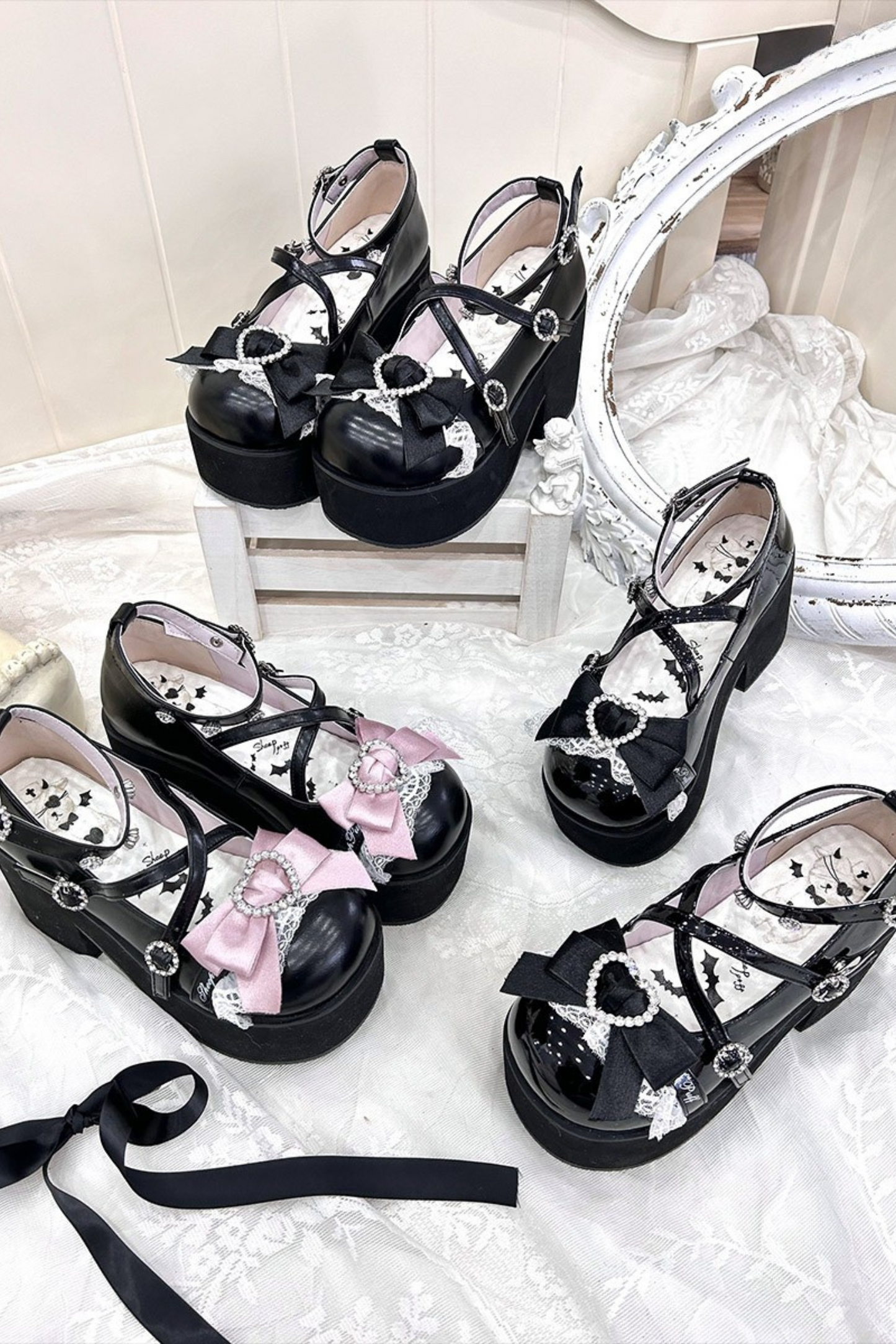 レイシープパフロリータレースラインストーンリボンフラットフォームシューズ