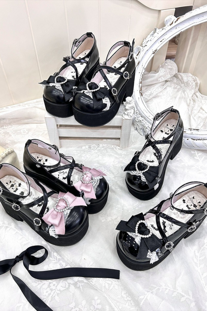 レイシープパフロリータレースラインストーンリボンフラットフォームシューズ