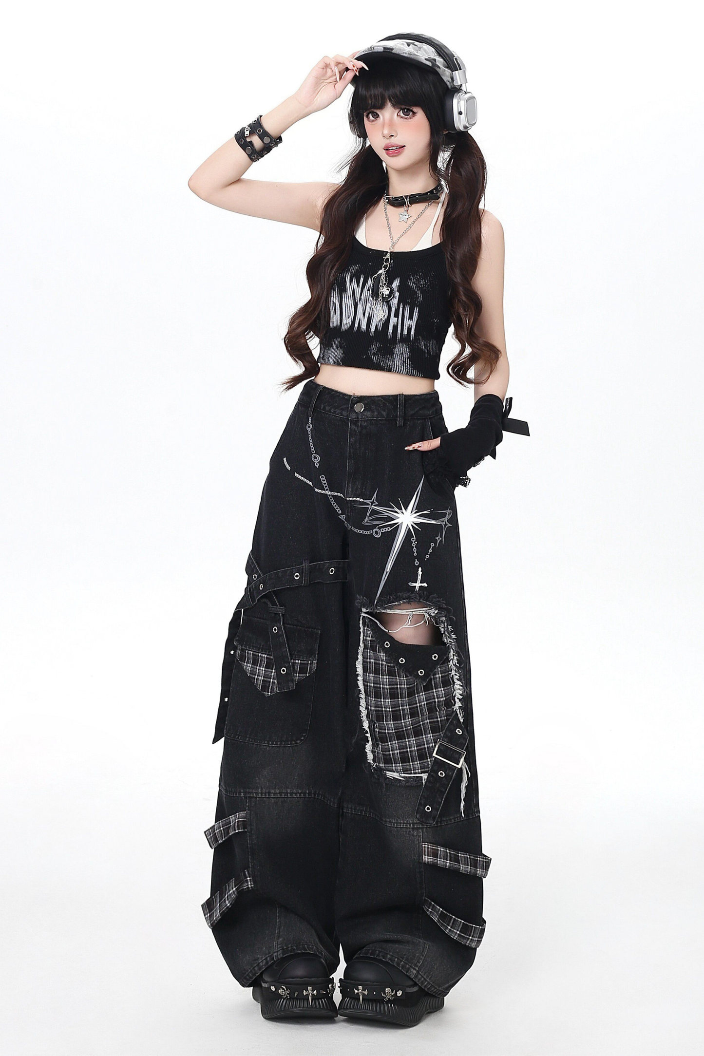 Plaid Patchwork Wide Denim Pants