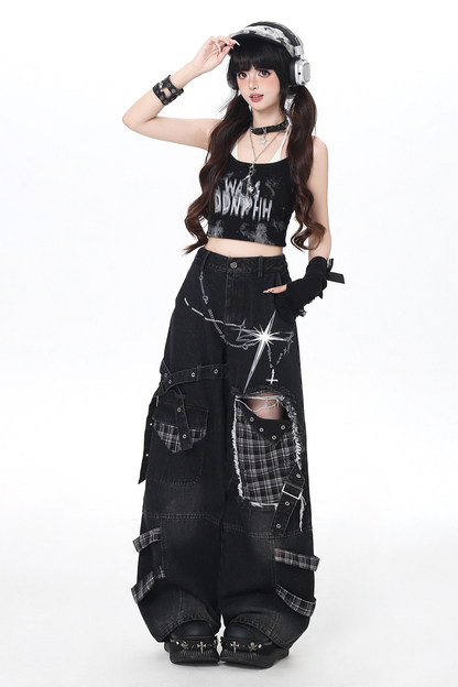 Plaid Patchwork Wide Denim Pants