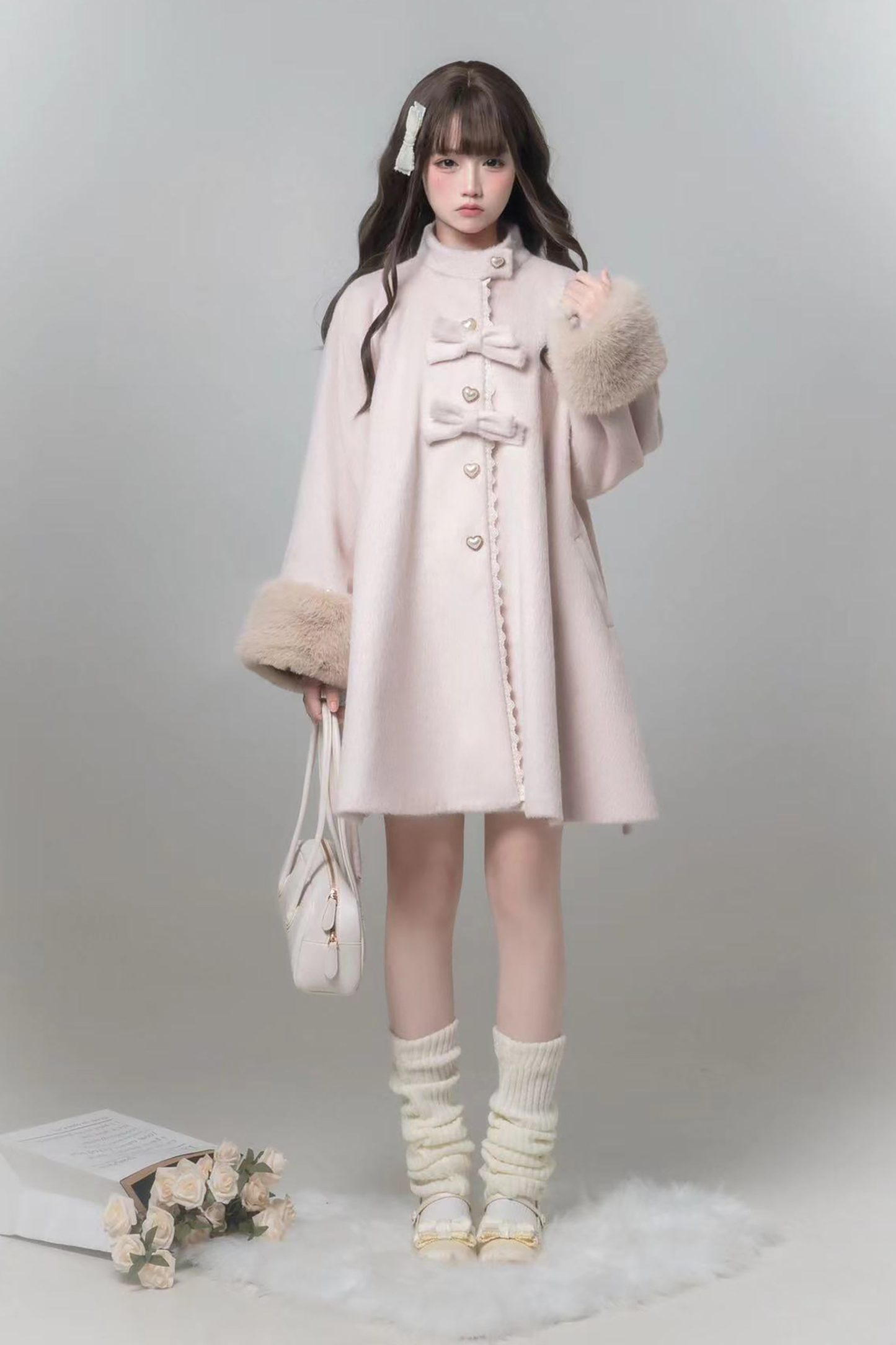 スイートガーリーリボンフレアコート+ファーカラー+シャツ+スカート+ベレー帽