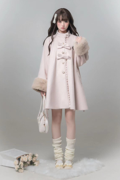 スイートガーリーリボンフレアコート+ファーカラー+シャツ+スカート+ベレー帽