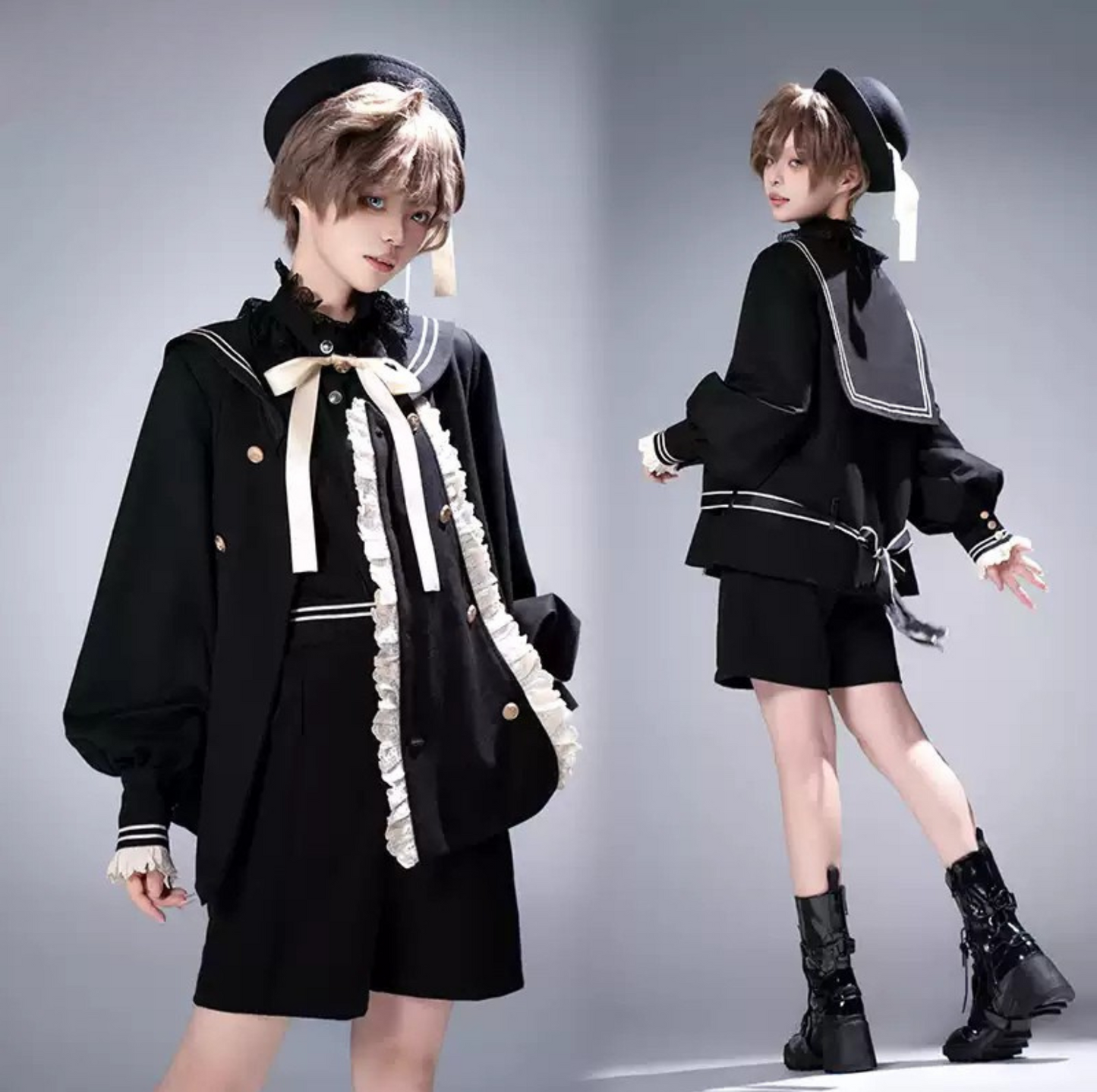 College Style Prince Sailor Collar Jacket Shorts Set + Hat