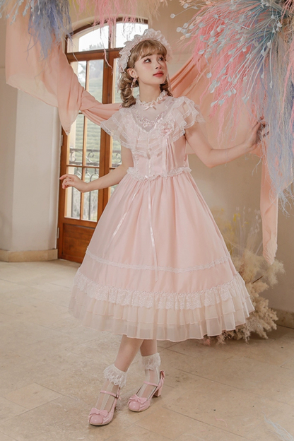 Cherry blossom color sweet princess Lolita dress + doll color top + sheer cardigan + apron