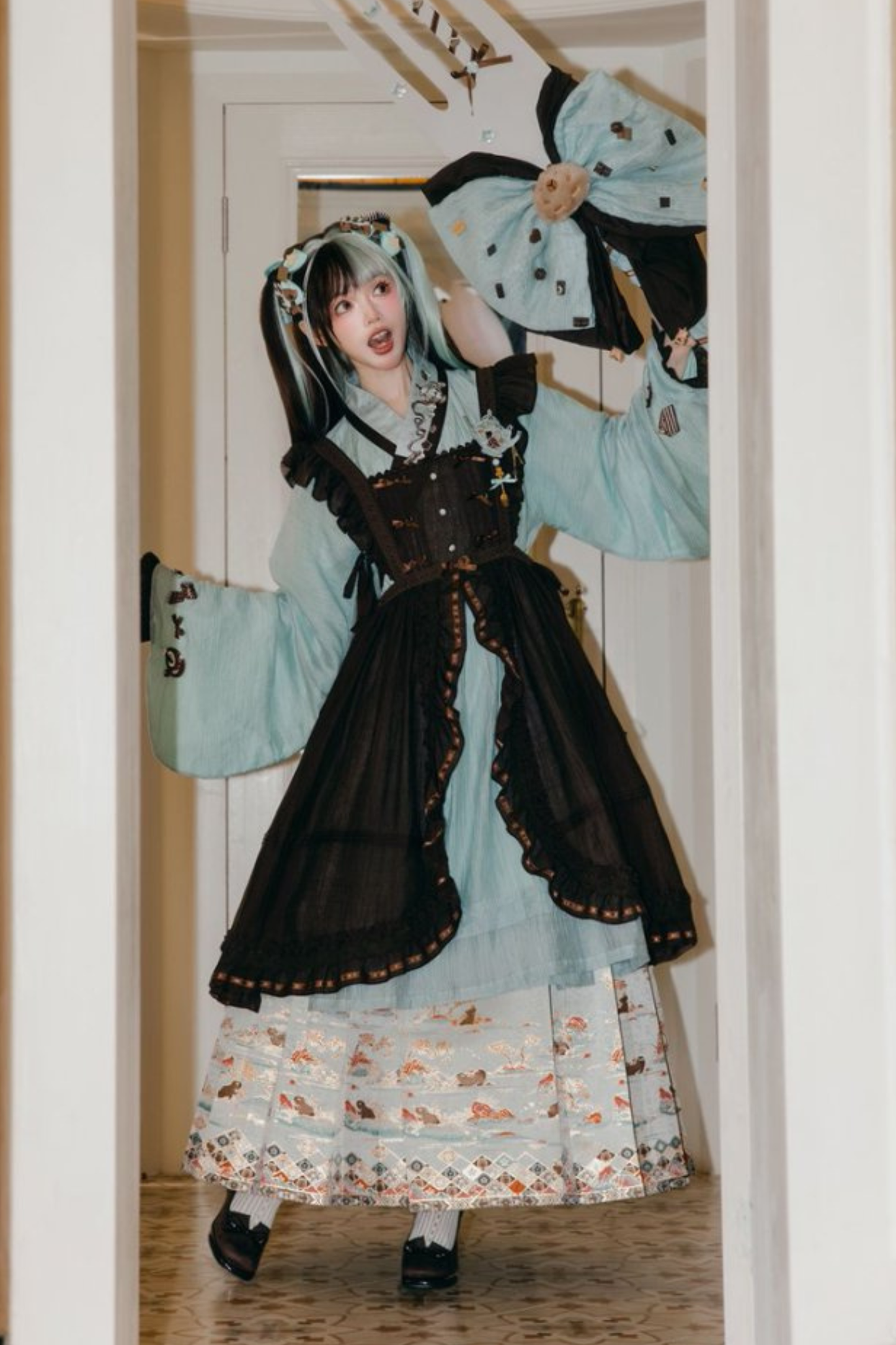 Mint chocolate china top + skirt + long skirt + accessories