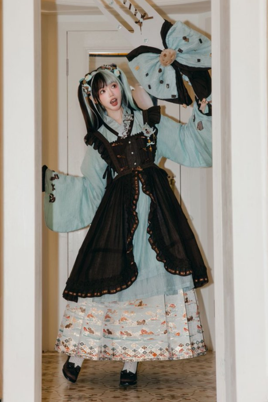 Mint chocolate china top + skirt + long skirt + accessories