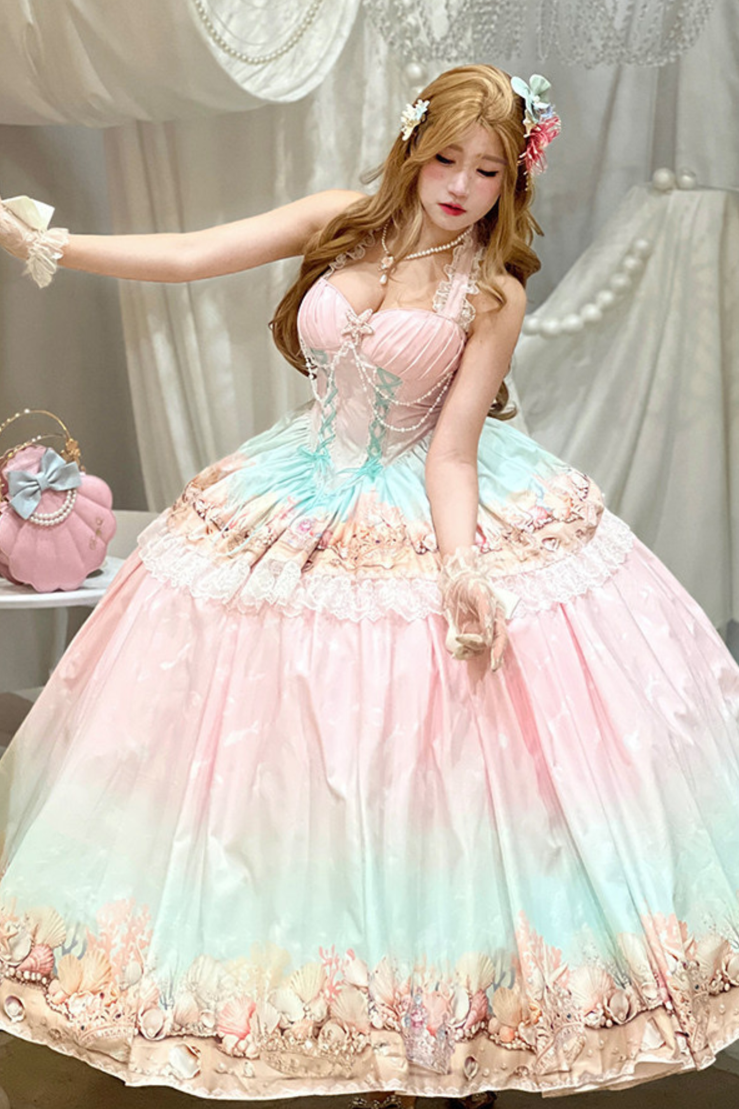 グラデーションバブルハルターネックフレンチドレス+スカート