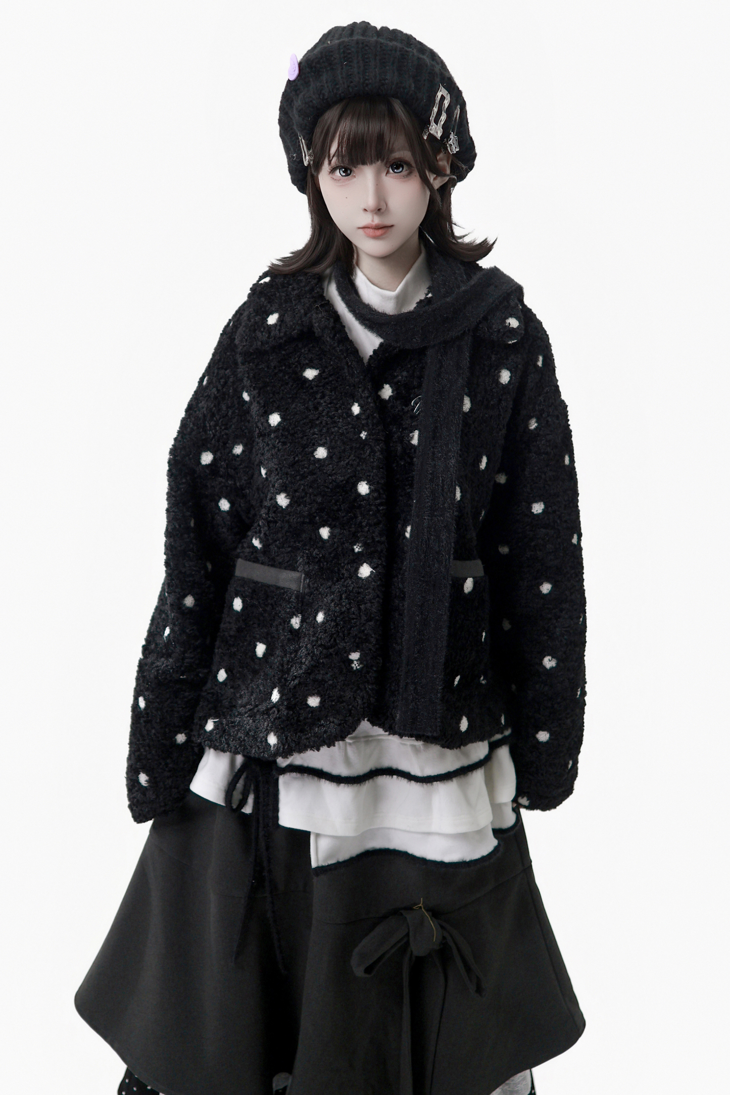 ポルカドットウィンターフリースジャケット+ベスト+トップス+スカートスカーフ