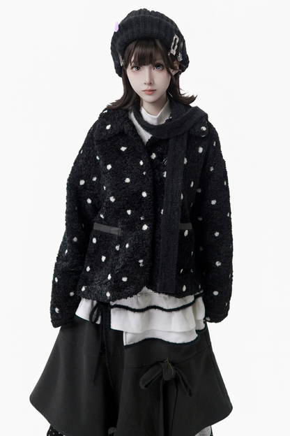 ポルカドットウィンターフリースジャケット+ベスト+トップス+スカートスカーフ