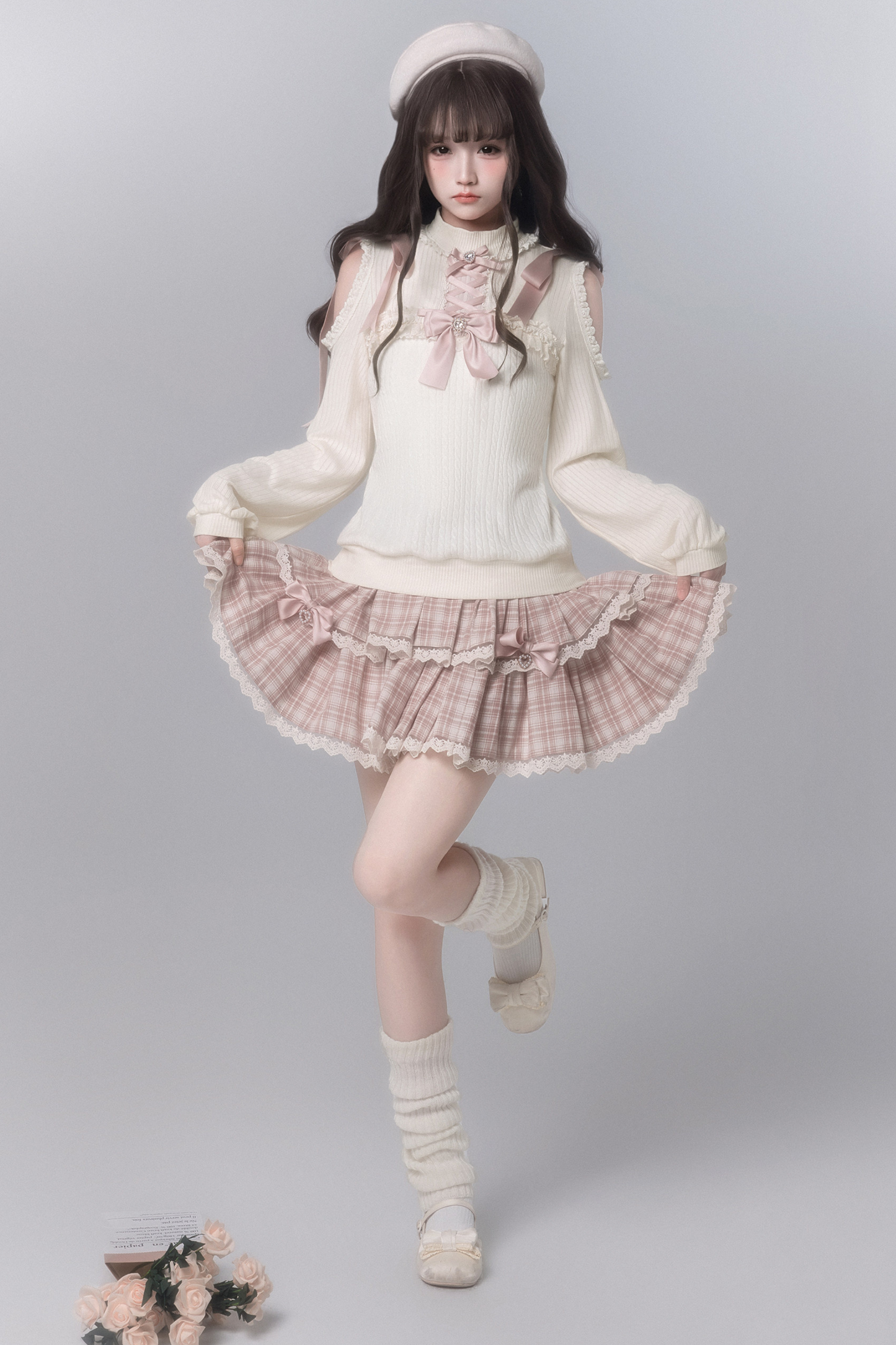 스위트걸리 오프숄더 니트 + 체크 스커트 + 넥타이