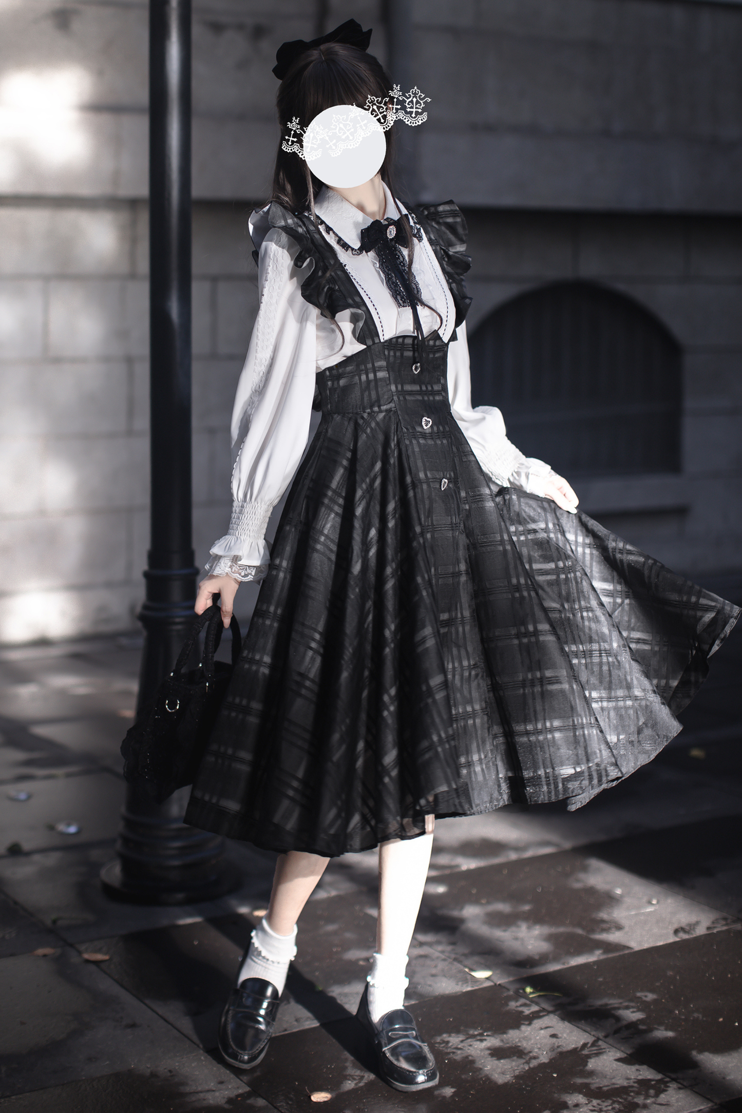 エレガントロングチェックサススカート＋シャツ＋リボン