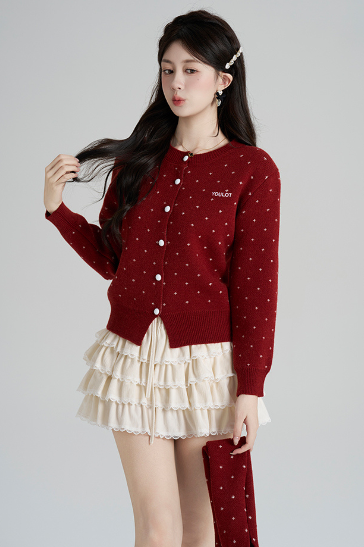 フレンチスタイルドットマフラー付きンカーディガン