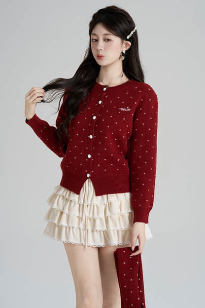 フレンチスタイルドットマフラー付きンカーディガン
