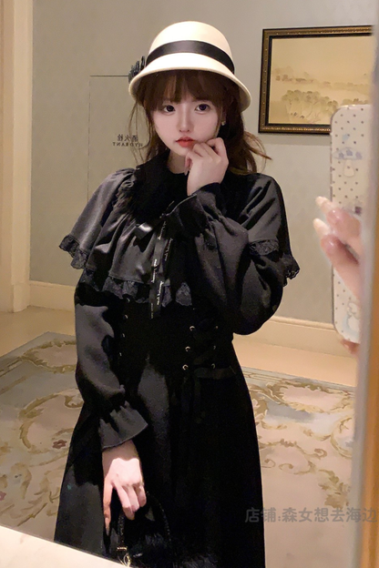 Lace-up Long Flared Cape Dress