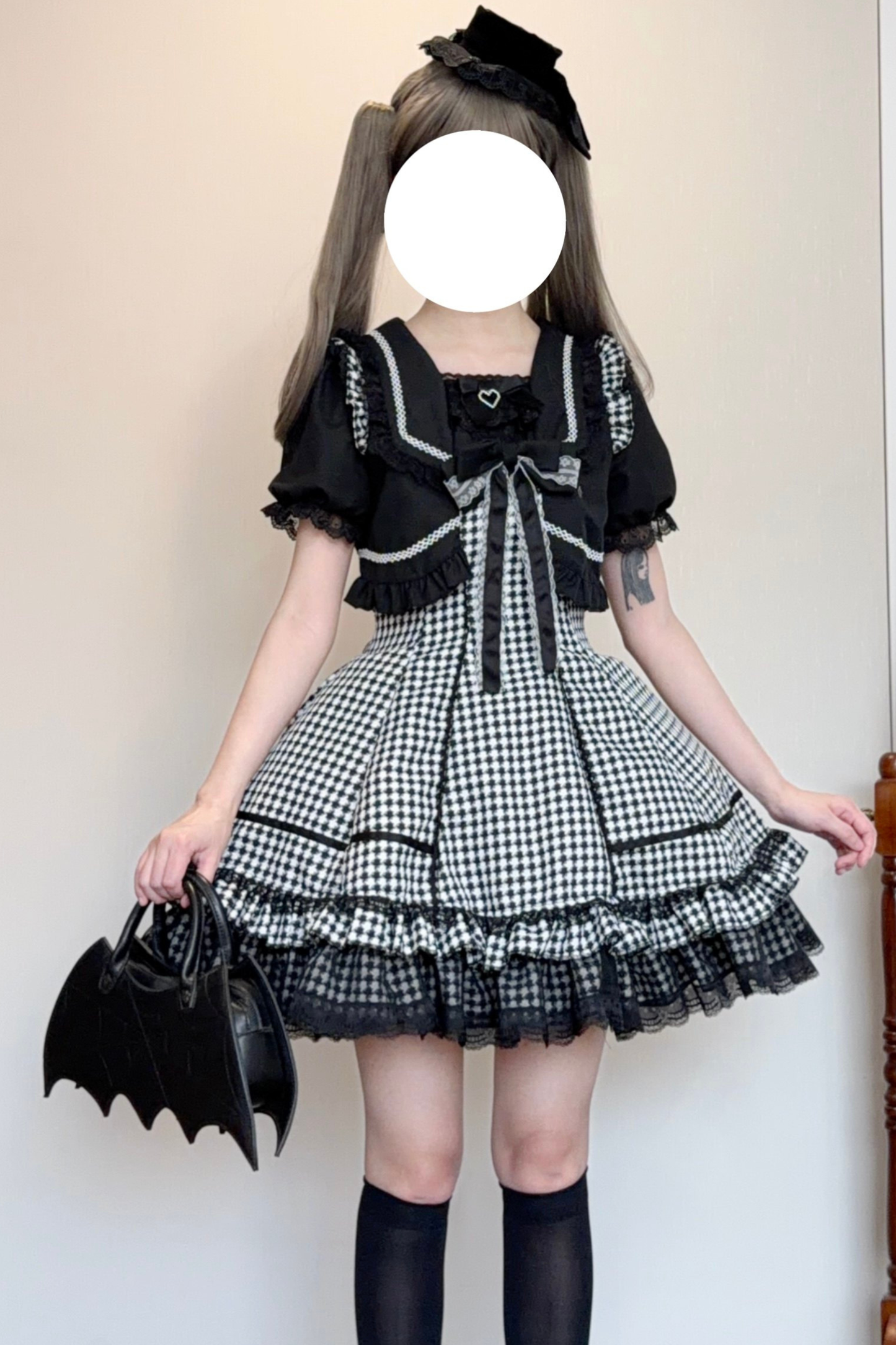 千鳥格子ダークスイートスリーブ付きロリータドレス