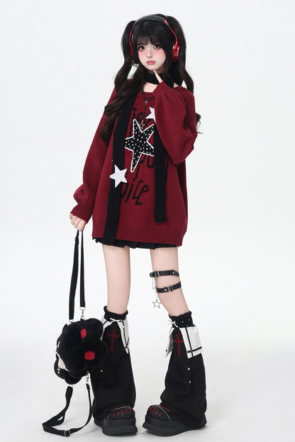 スターデザインルーズラウンドネックトップス