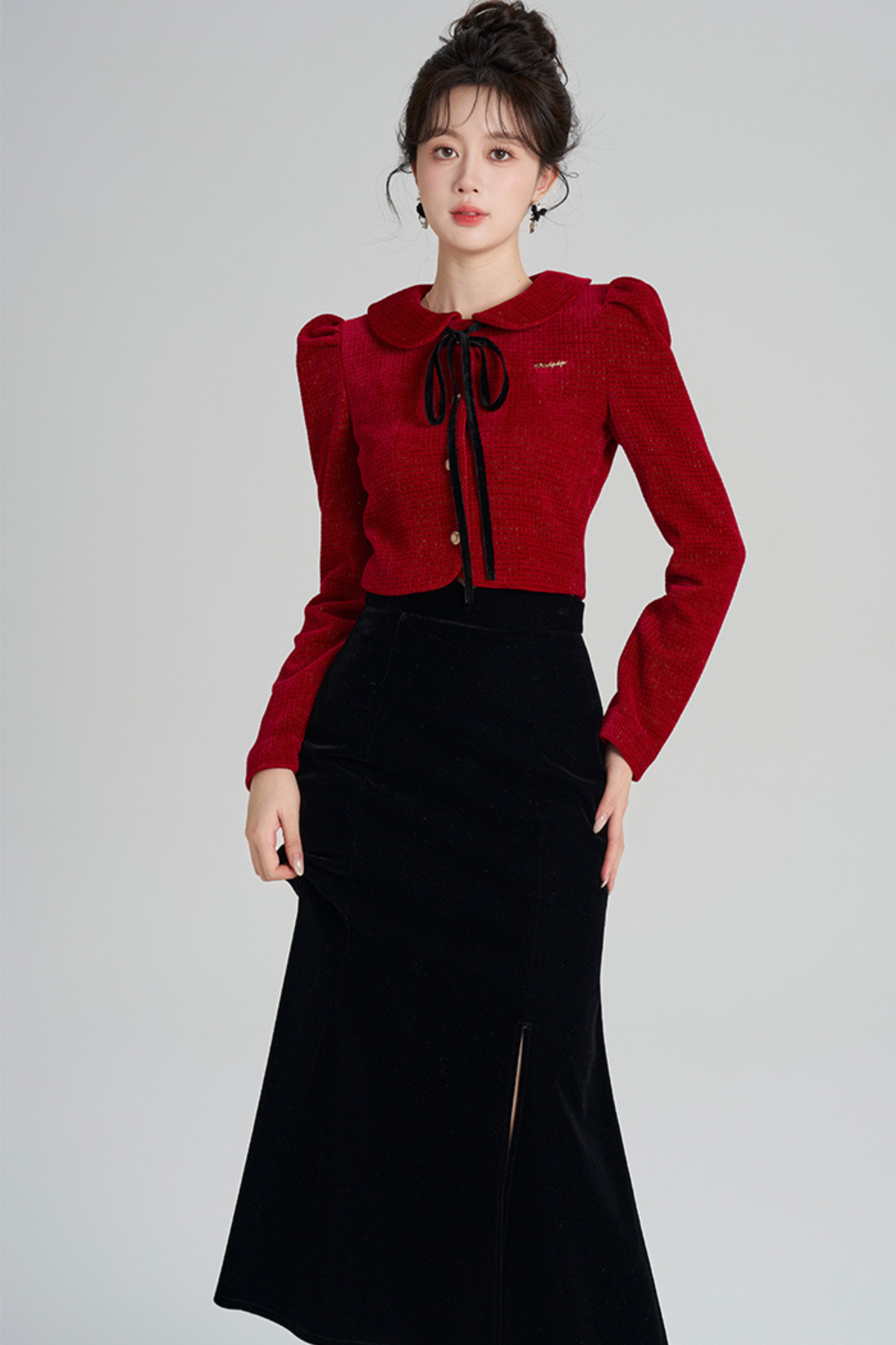 フレンチラメニットトップス+マーメイドスカート