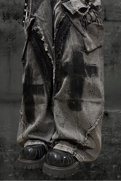 ダーククロススプレーデザインワイドパンツ+ベルト