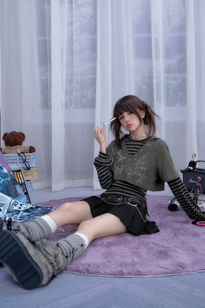 ボーダーツーピーススーツフードトップス