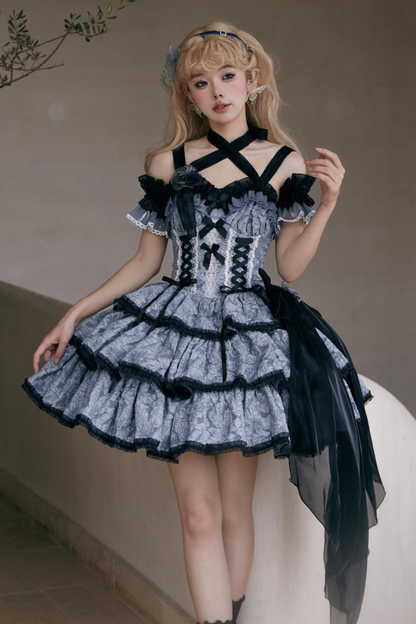 フリルレースアップロリータドレス