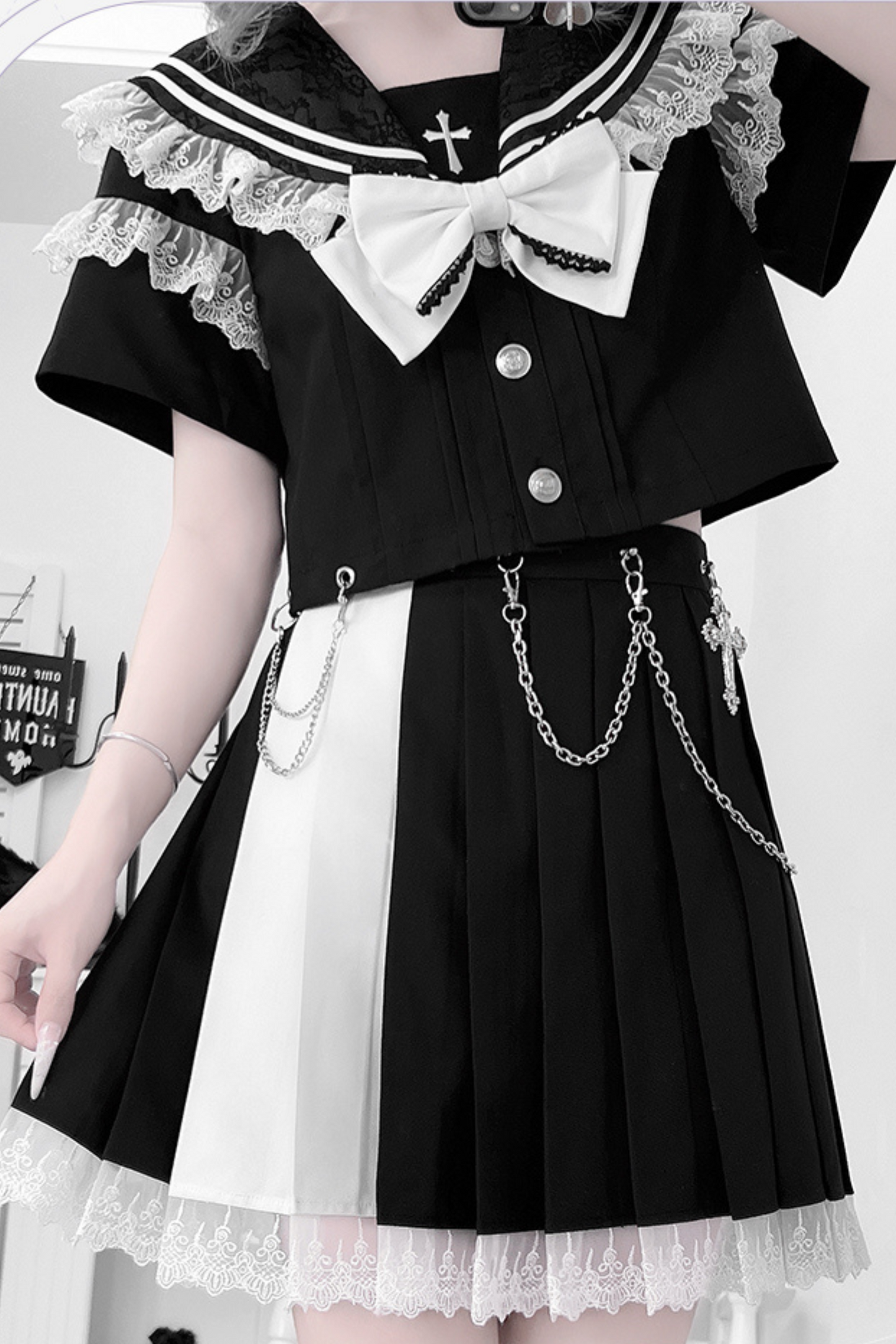 ダークガールカレッジセーラートップス+スカート+リボン+スカートチェーン