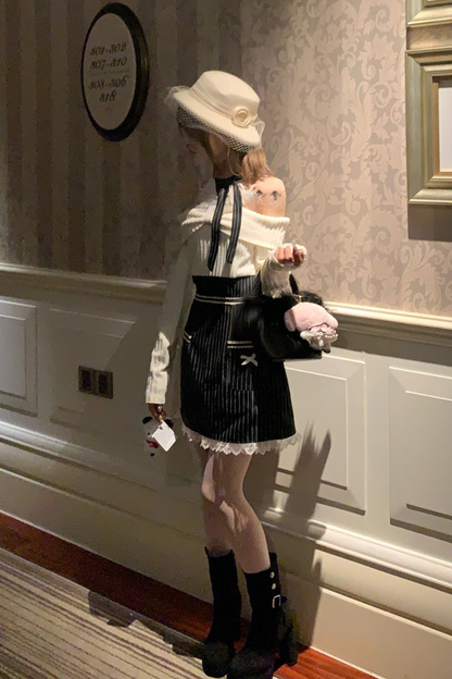 リボンオフショルダーストライプドレス