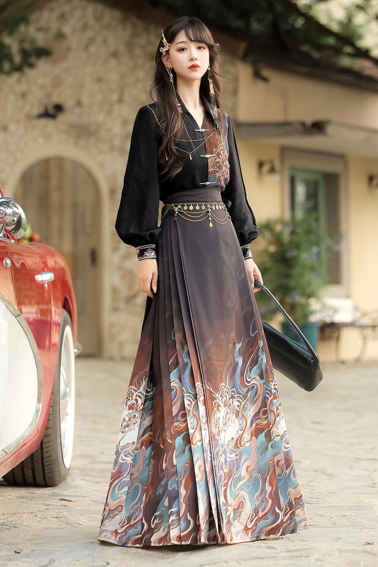 Dark chic retro top + long skirt