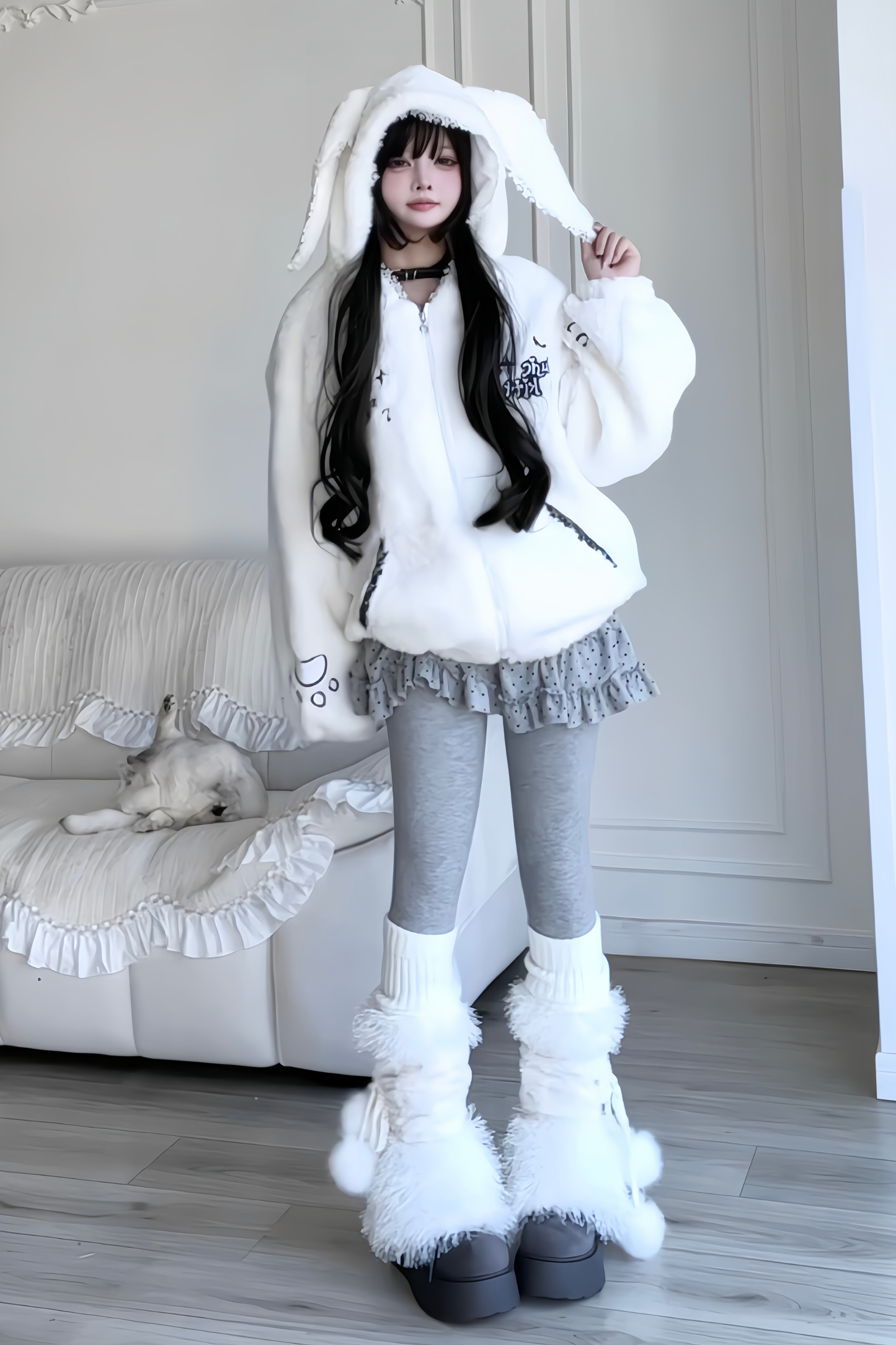 Rabbit Ear Fur Hooded Coat