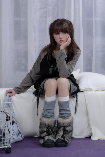 キャットプリントダークラグランロングスリーブトップス