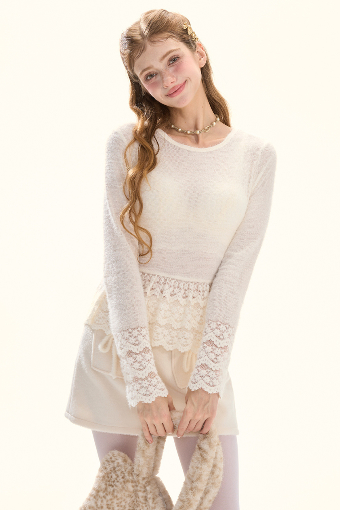 クラウドクリームレースニットトップス+インナー