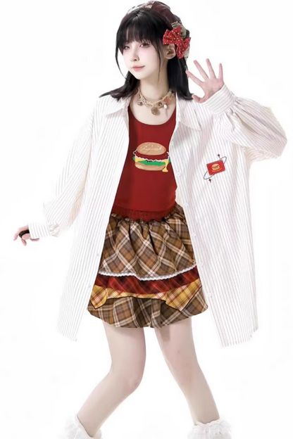 オーバーシャツ＋ノースリーブトップス＋ケーキスカート