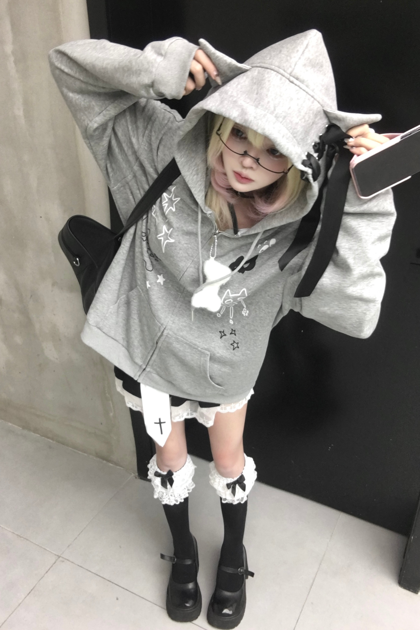 猫耳イラストデザインフードパーカー