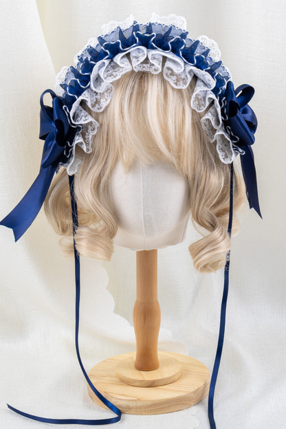 ネイビーブルーロリータボンネット+ヘアバンド+ハットクリップ+リボンクリップ