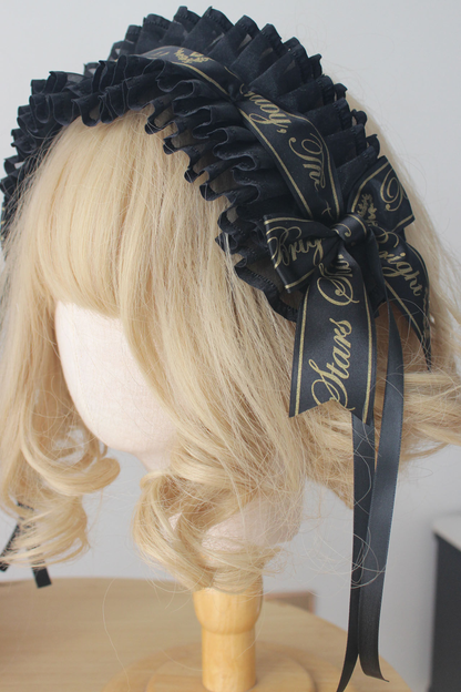 ブラックゴールドロリータヘッドバンド+リボンカチューシャ+チョーカー+ハットベール+スリーブ