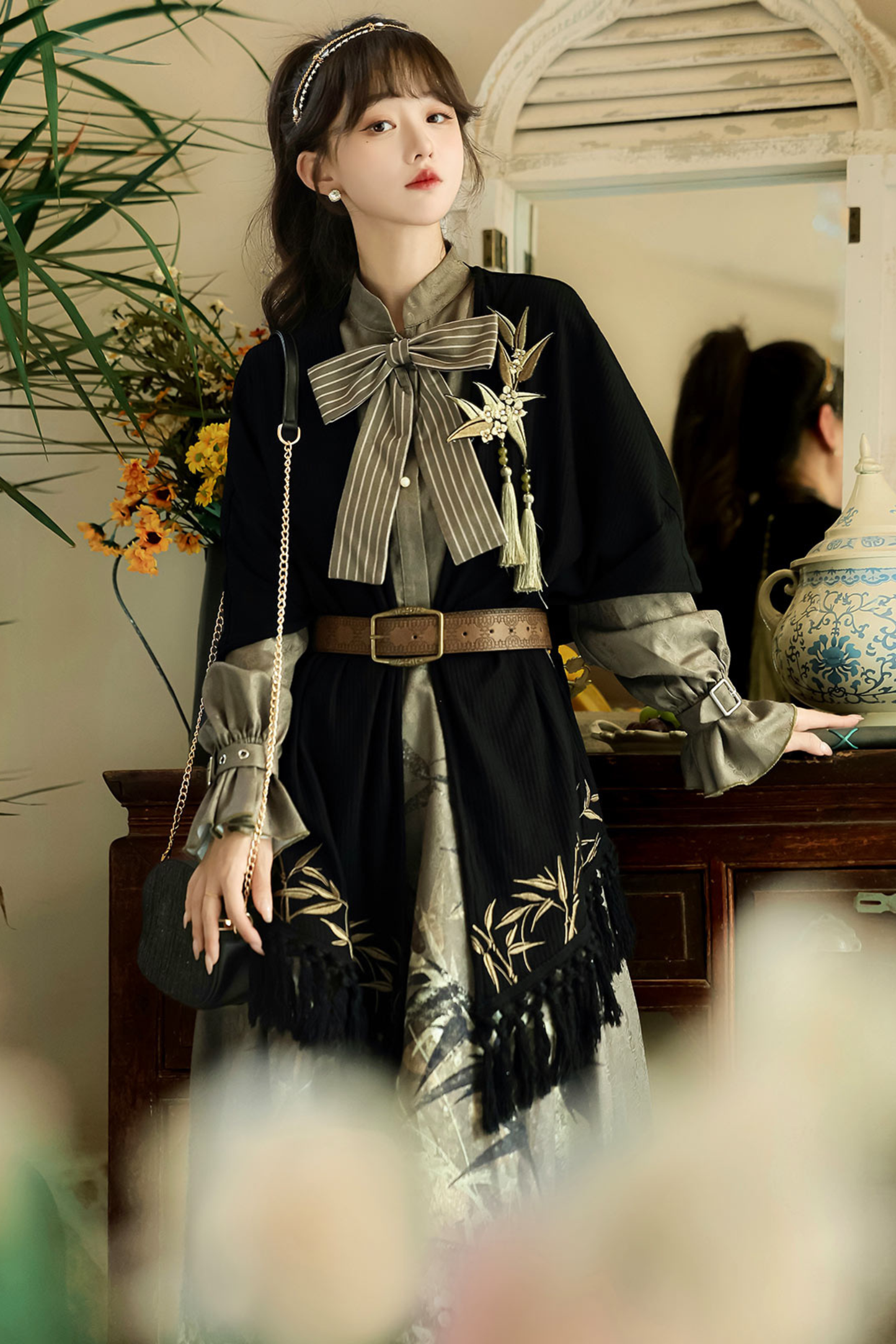 Chic Dark China Print Dress + Shawl