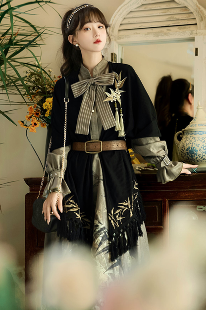 Chic Dark China Print Dress + Shawl