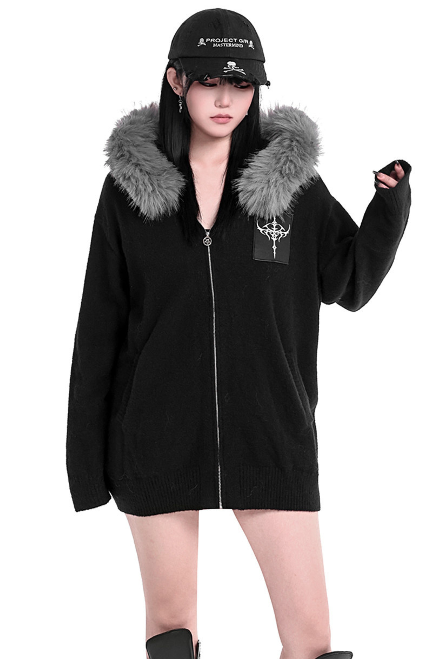 ファーフードルーズポイントクロスジップパーカー