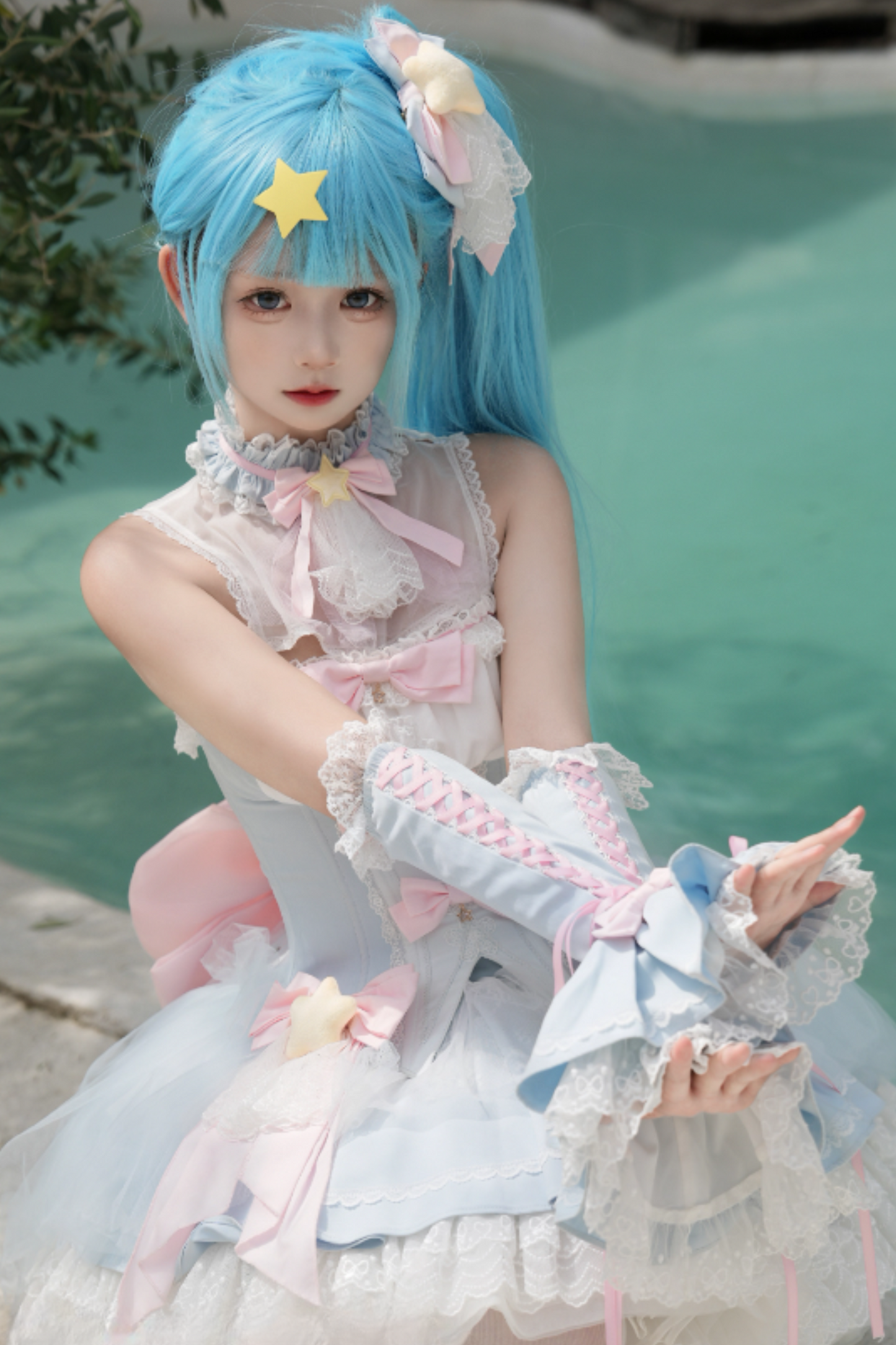 魔法妖精スパークリングウォーターロリータトップス+スカート+ヘアクリップ+テール+魔法ステッチ