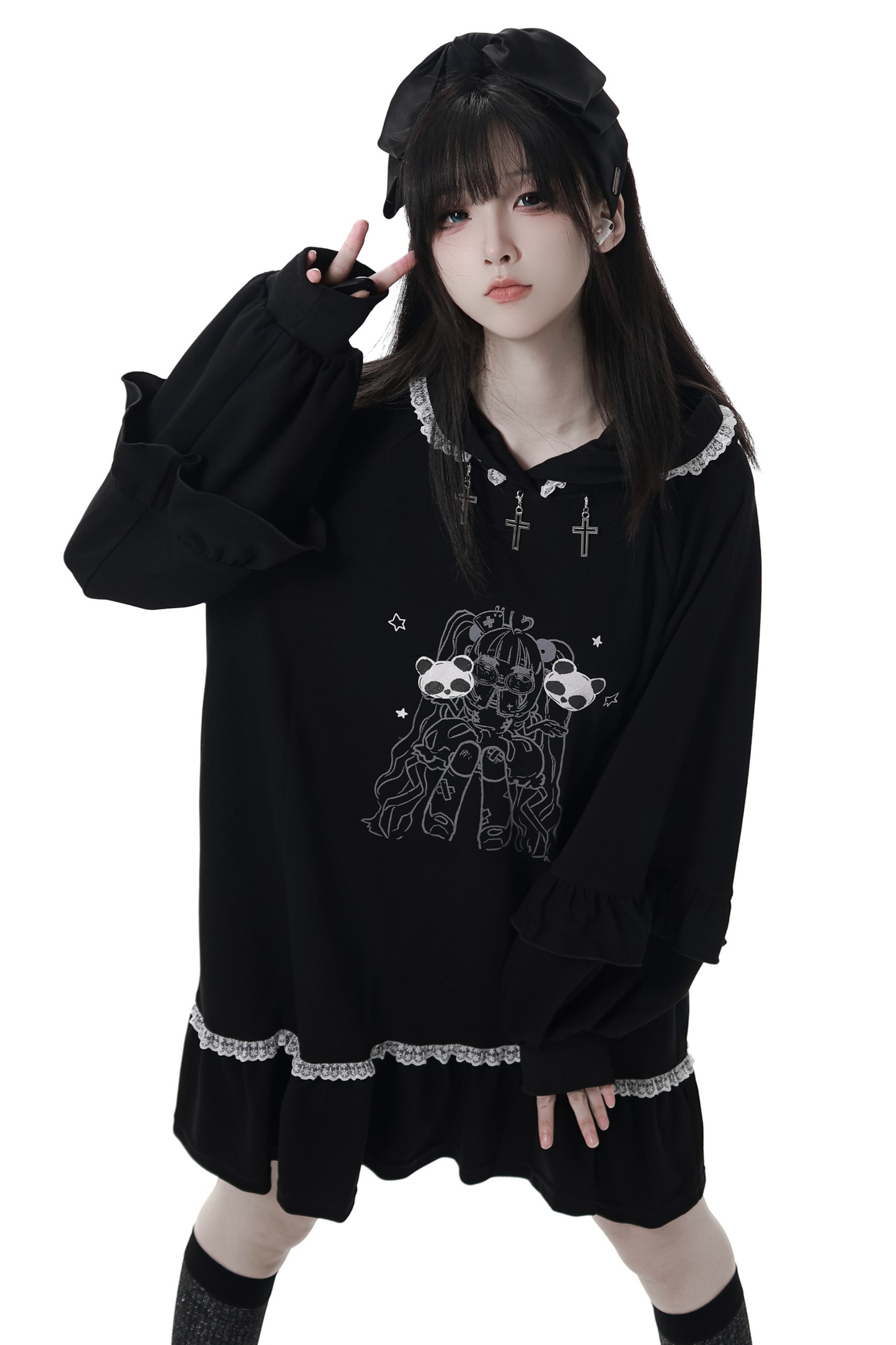 ビッグスイングシャツデザイントップス+フードワンピース+ロングキュロット