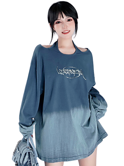 Lace Apple Loose Gradient Wash Blue Long T