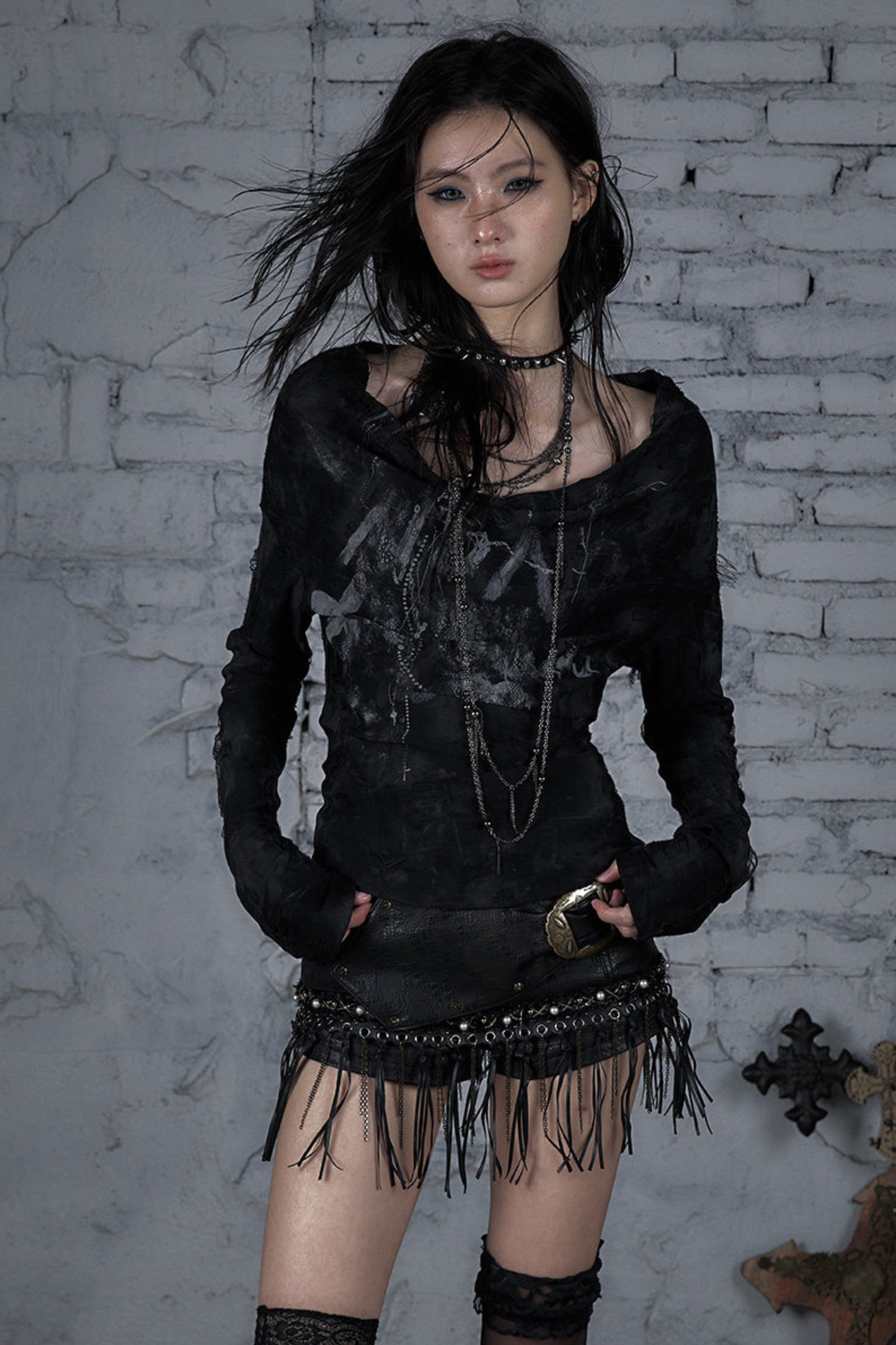 ダークパンクワンショルダートップス