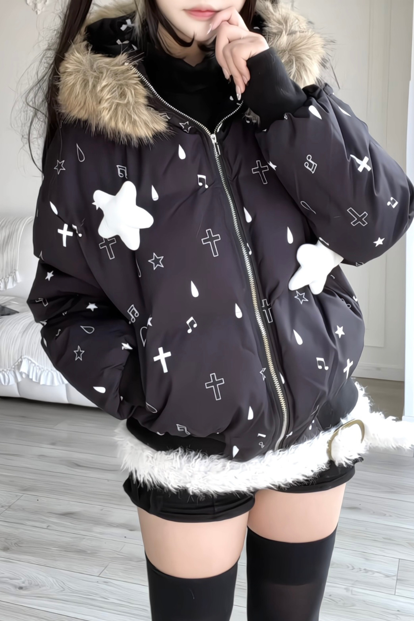 Fur Hood Cloth Design Down Jacket