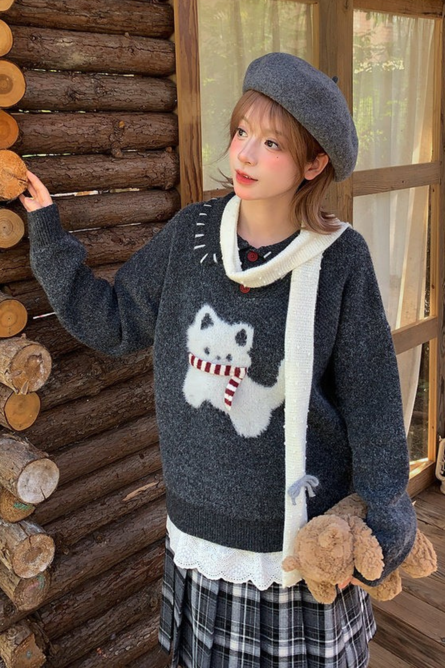 キャットニットセーター+スノーフレークカーディガン