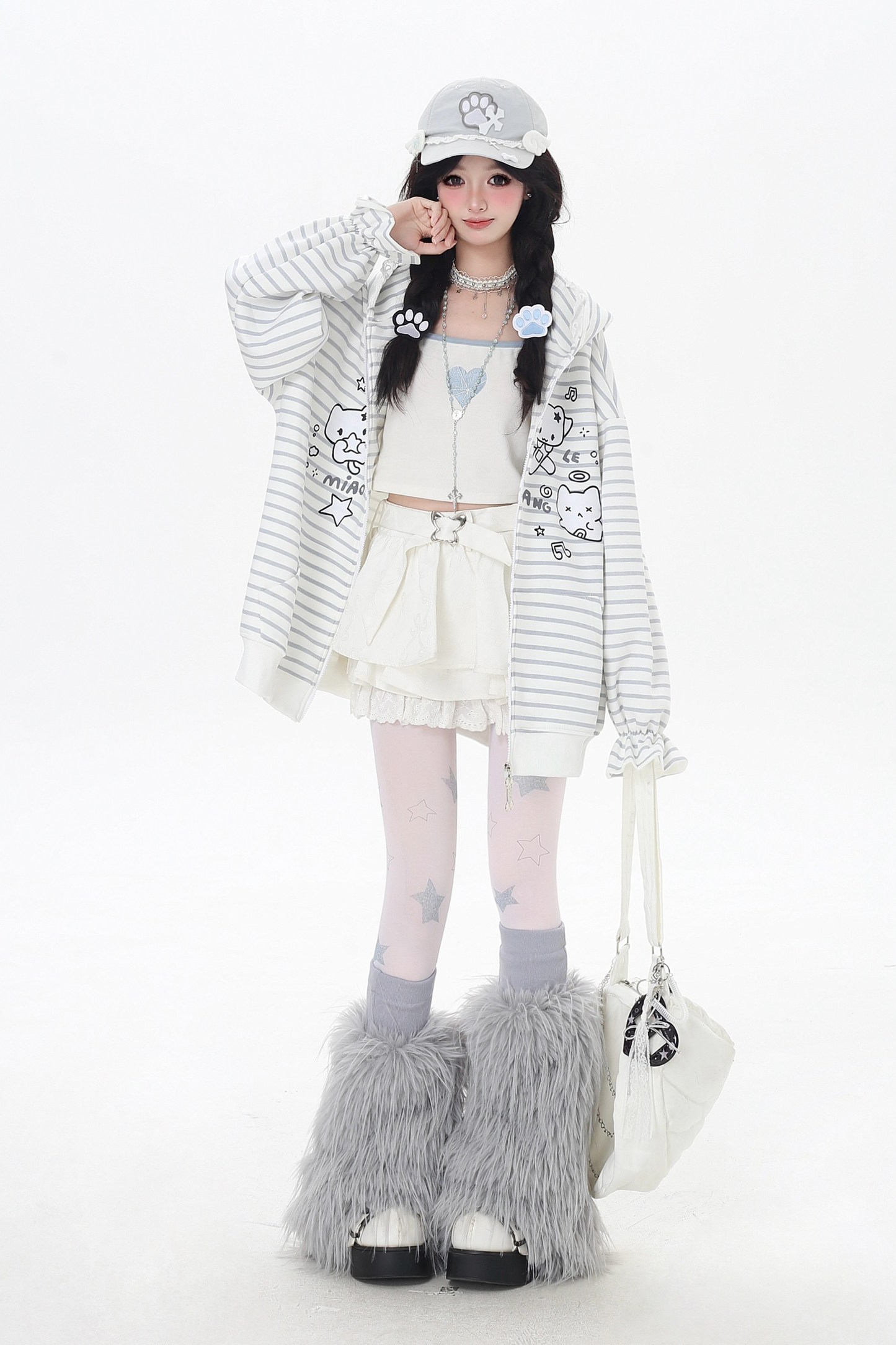 ボーダールーズキャットデザインフードパーカー