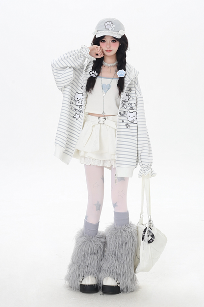 ボーダールーズキャットデザインフードパーカー