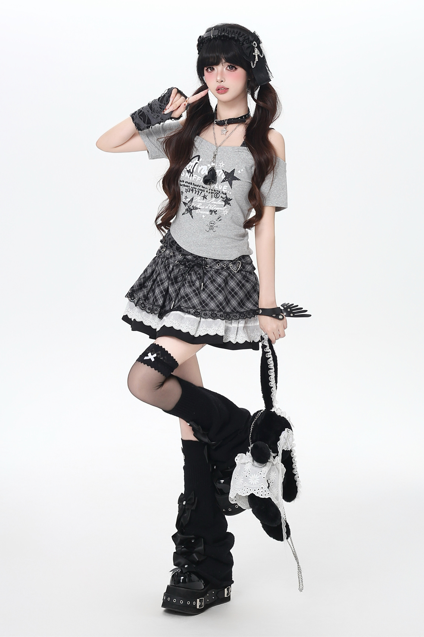 Plaid Lace-Up Tiered Skirt