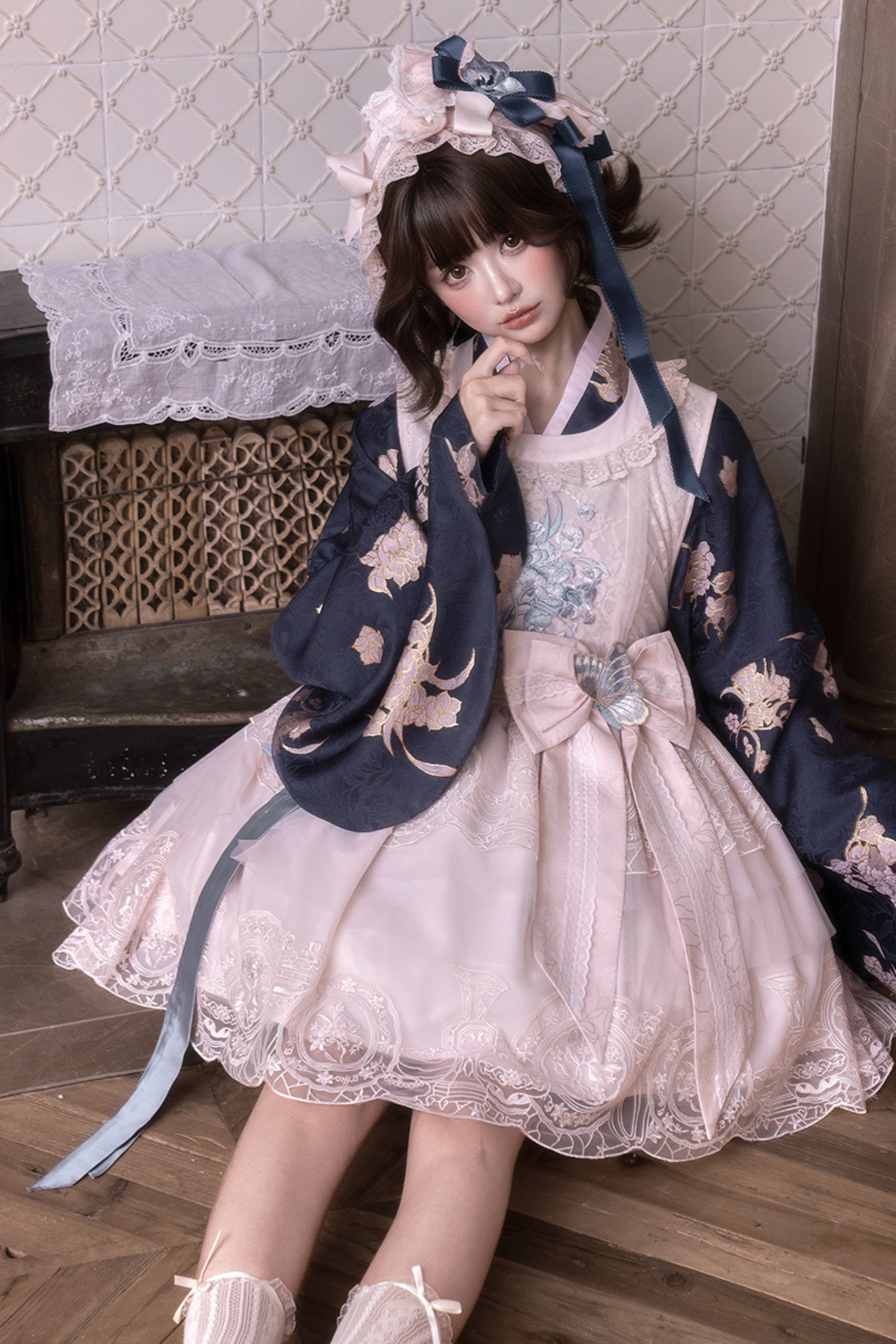 アップクロスカラージャケット+ショートジャケット+ドレス+ヘアバンド+リボン