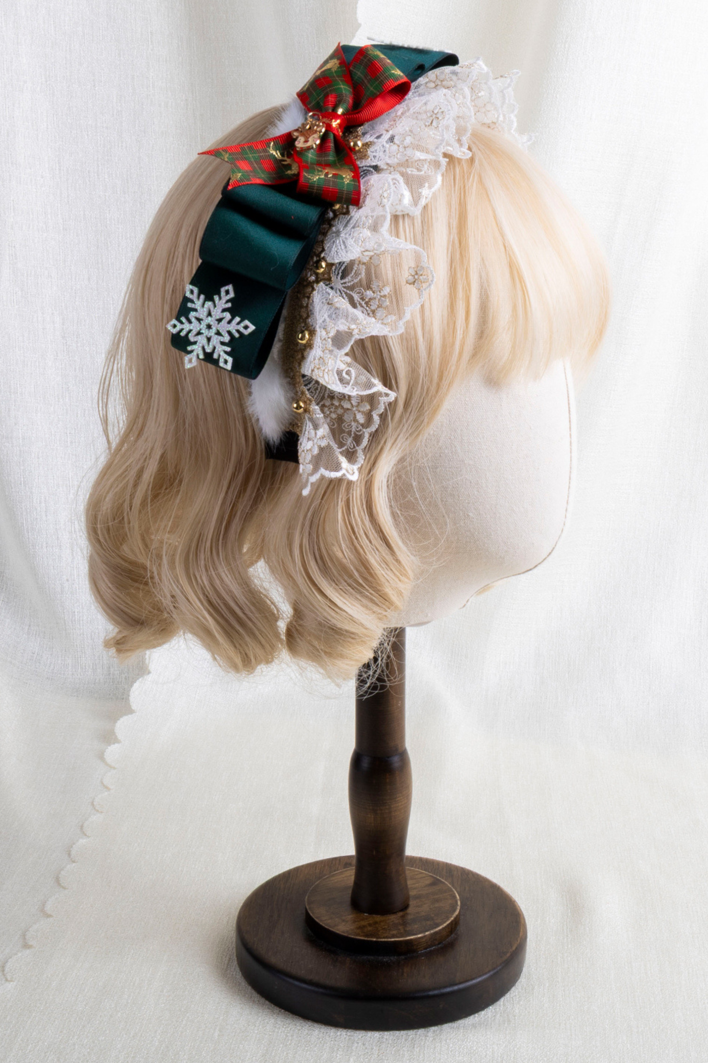 クリスマスチェックヘアーオーナメントリボンクリップ+ハットクリップ+ヘアバンド