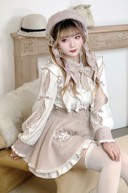 레이스 어깨 리본 블라우스 + 스커트