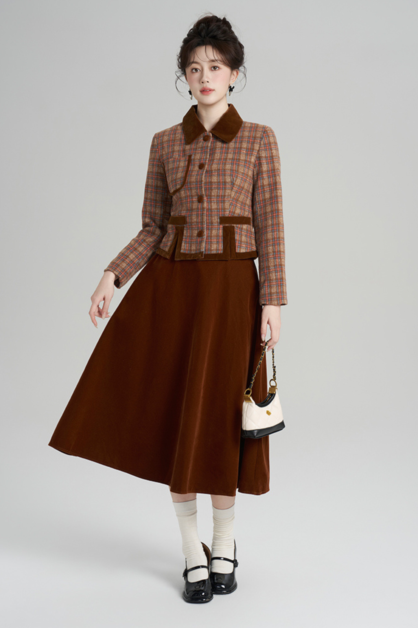 チェックジャケット+レトロプラッドベルベットスカート